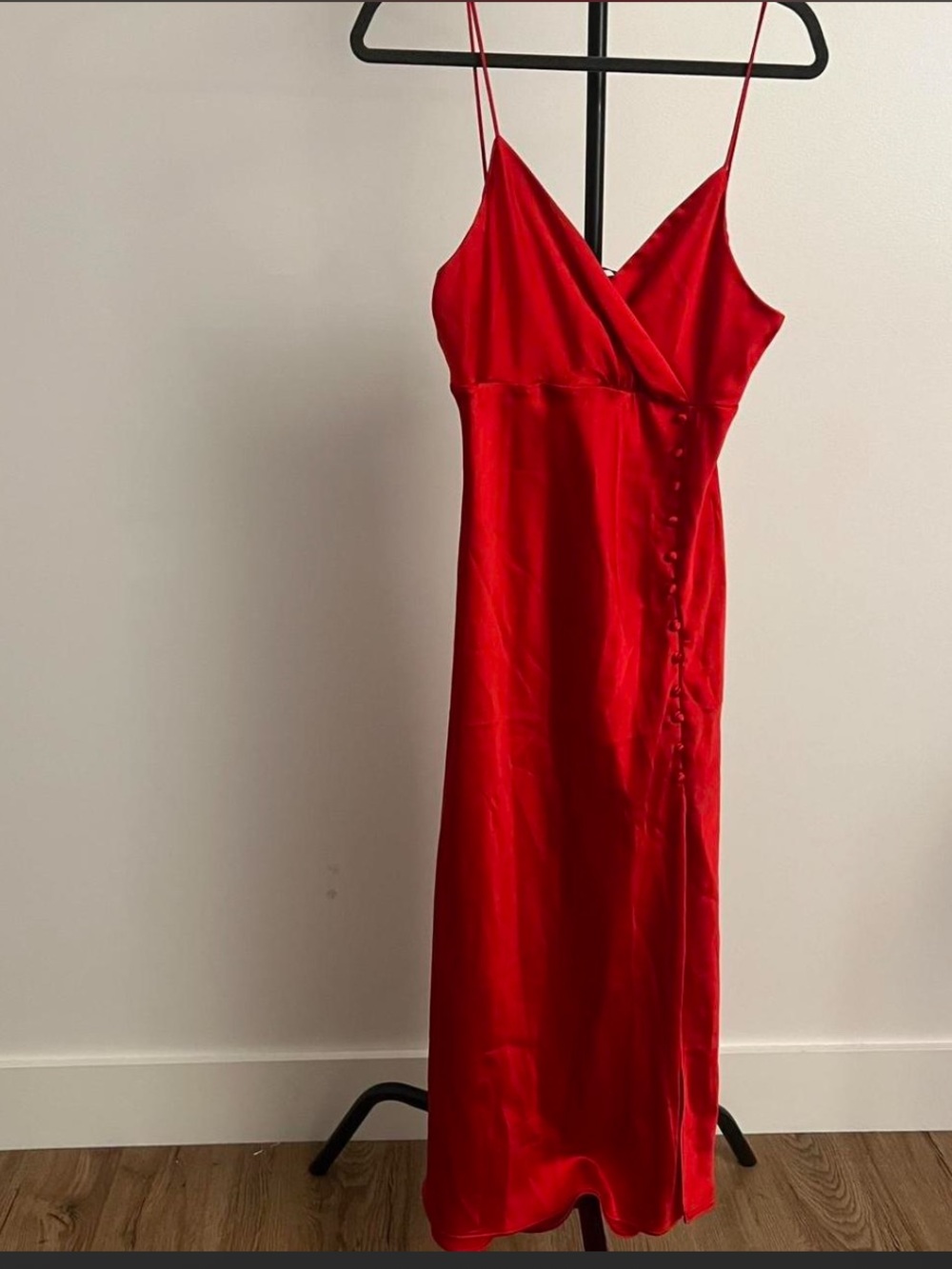 Zara Red Satin Midi Slip Dress with Side Button Detail